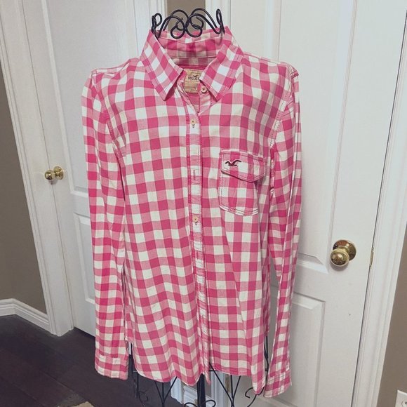 🎀 3 for $45 Hollister Pink and White Button Front Plaid Shirt EUC Size L - Picture 1 of 9